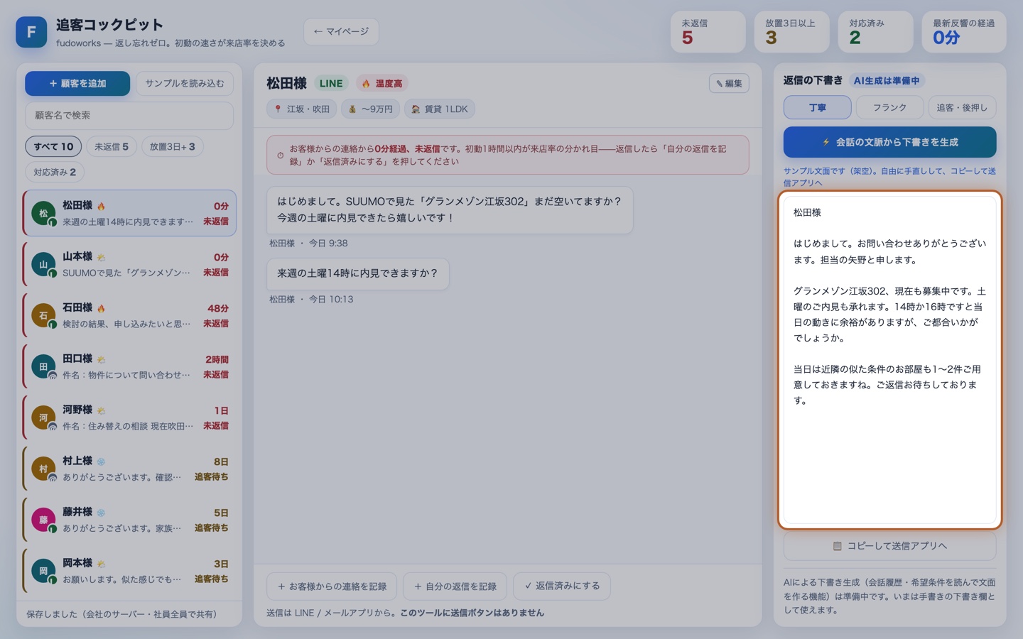 右側の返信下書き欄。トーンのボタンと本文欄