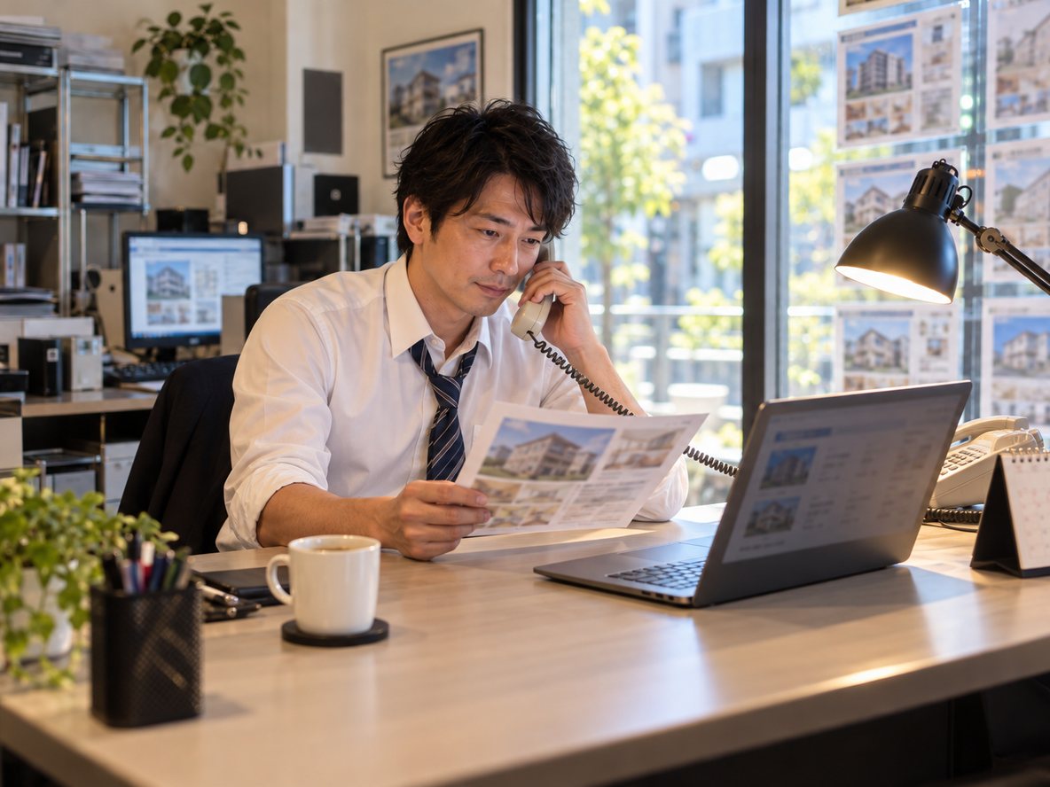 帯替え済みのマイソクを手にお客様へ電話する担当者（イメージ）