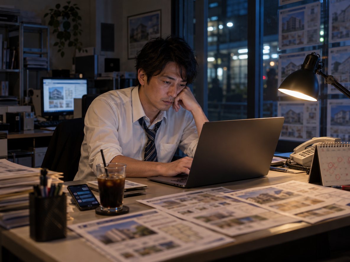 夜の事務所で帯替えのPDF編集に追われる担当者（イメージ）
